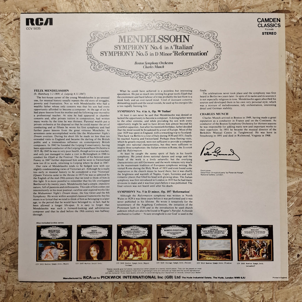 Mendelssohn, Boston Symphony Orchestra, Charles Munch – Symphony No. 4 In A 'Italian' / Symphony No. 5 In D Minor 'Reformation'