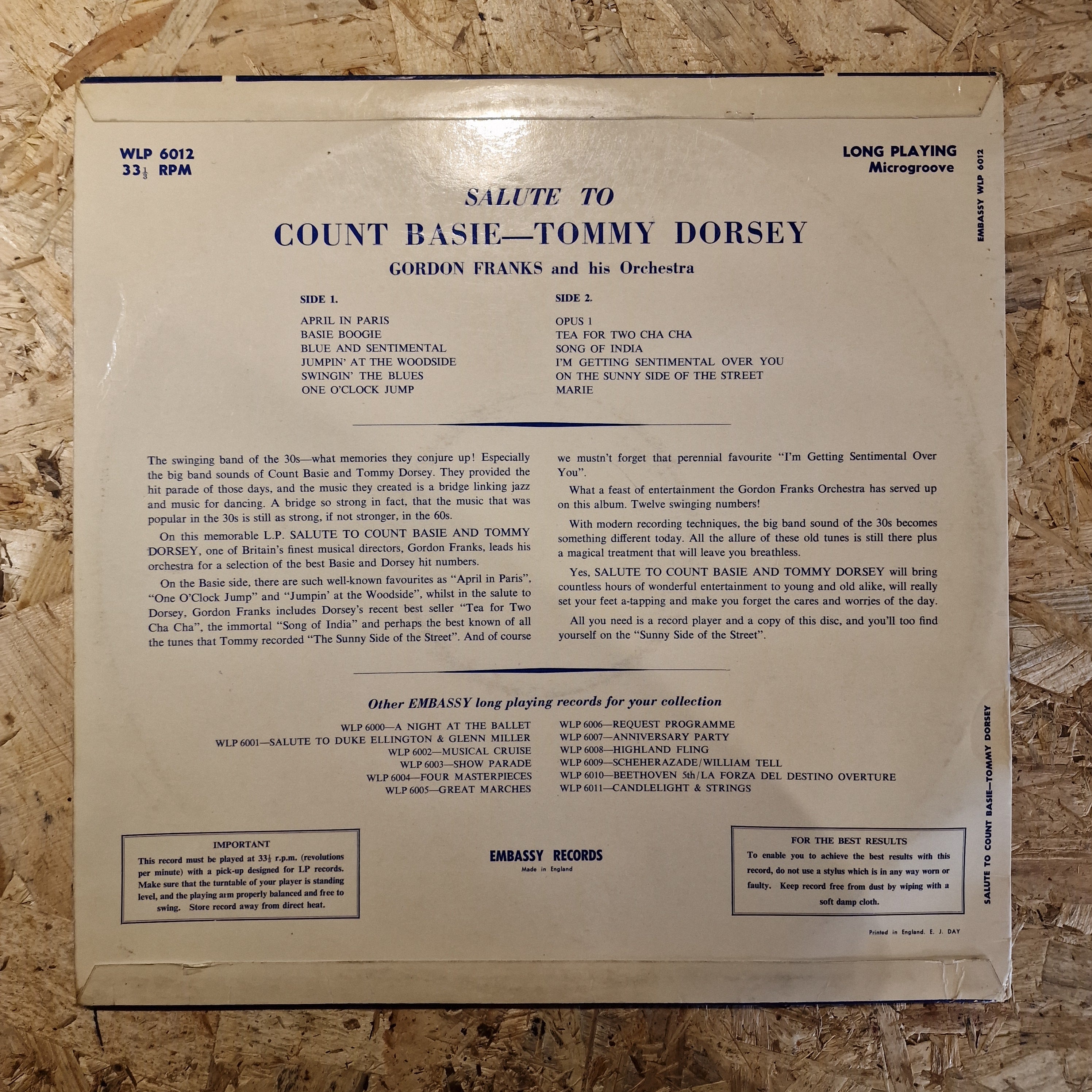Gordon Franks And His Orchestra – Salute To Count Basie - Tommy Dorsey