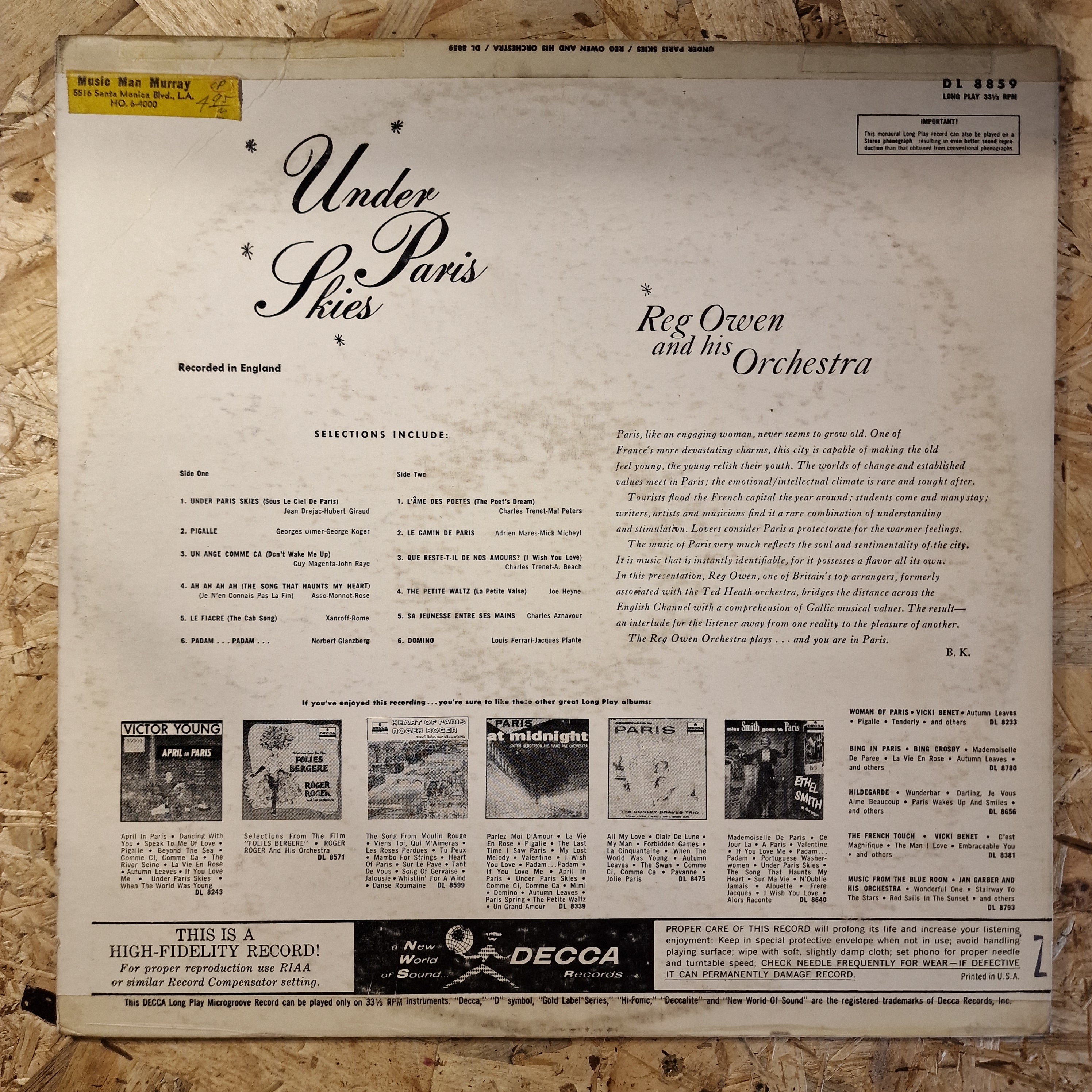 Reg Owen And His Orchestra ‎– Under Paris Skies